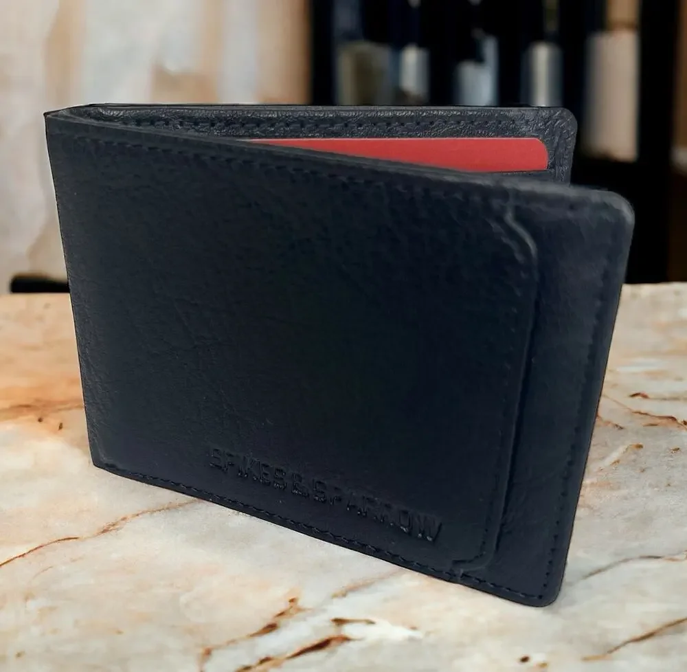 Spikes and Sparrow Mens Black Leather Classic Bifold Wallet Slim Cards ID Window